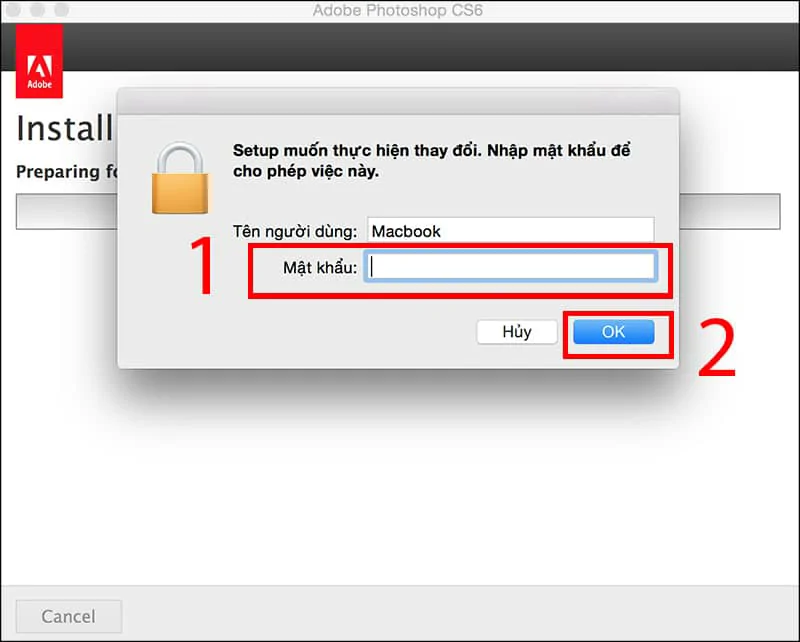 Nhập mật khẩu để Cài đặt photoshop