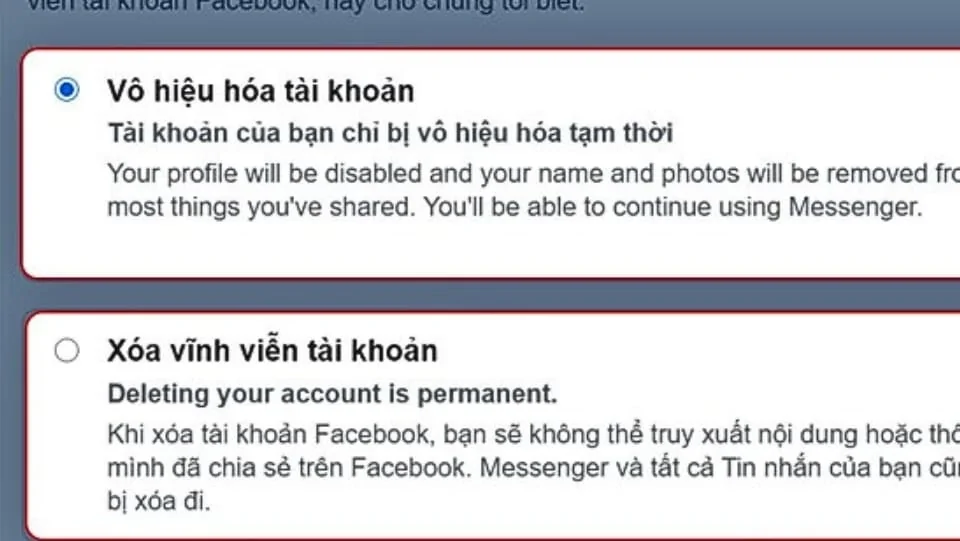 Chọn cách vô hiệu hóa tài khoản Facebook tạm thời để không bị làm phiền